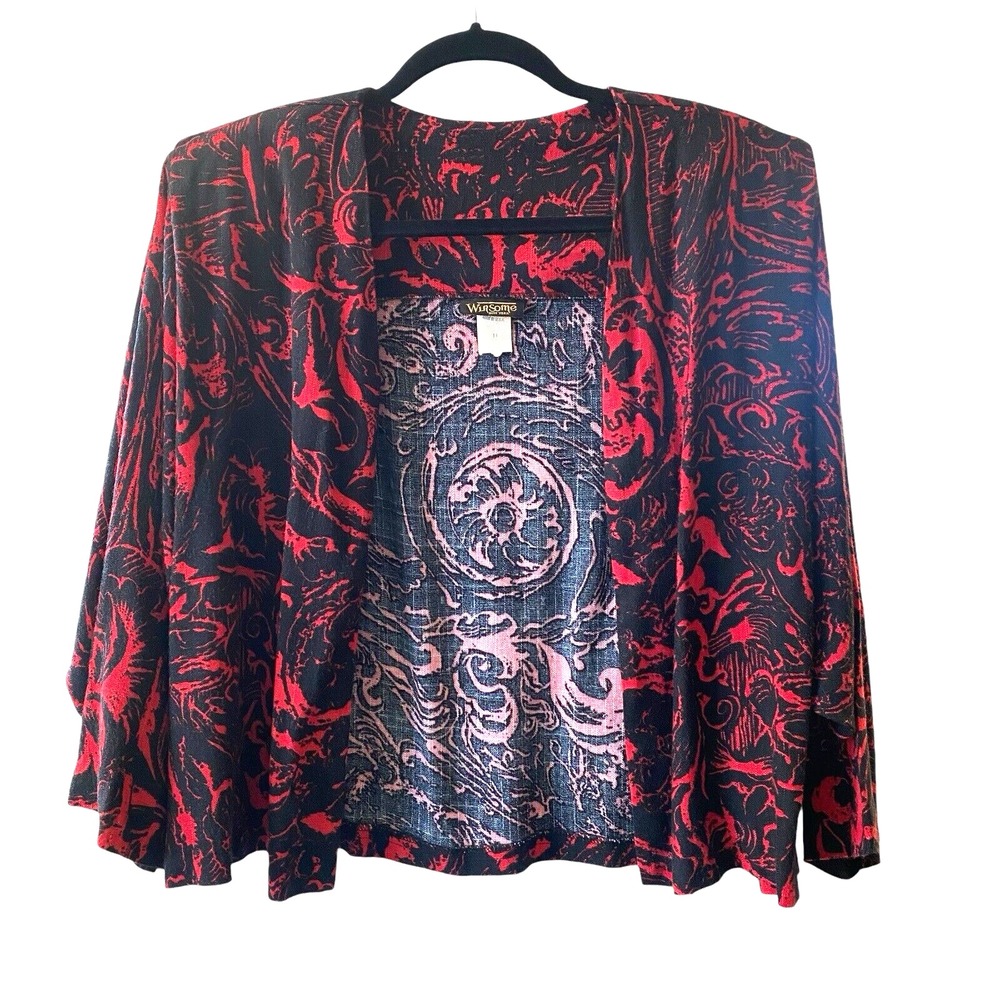 Winsome New York Open Front Jacket Womens 11 Red Black Scroll Paisley Cropped